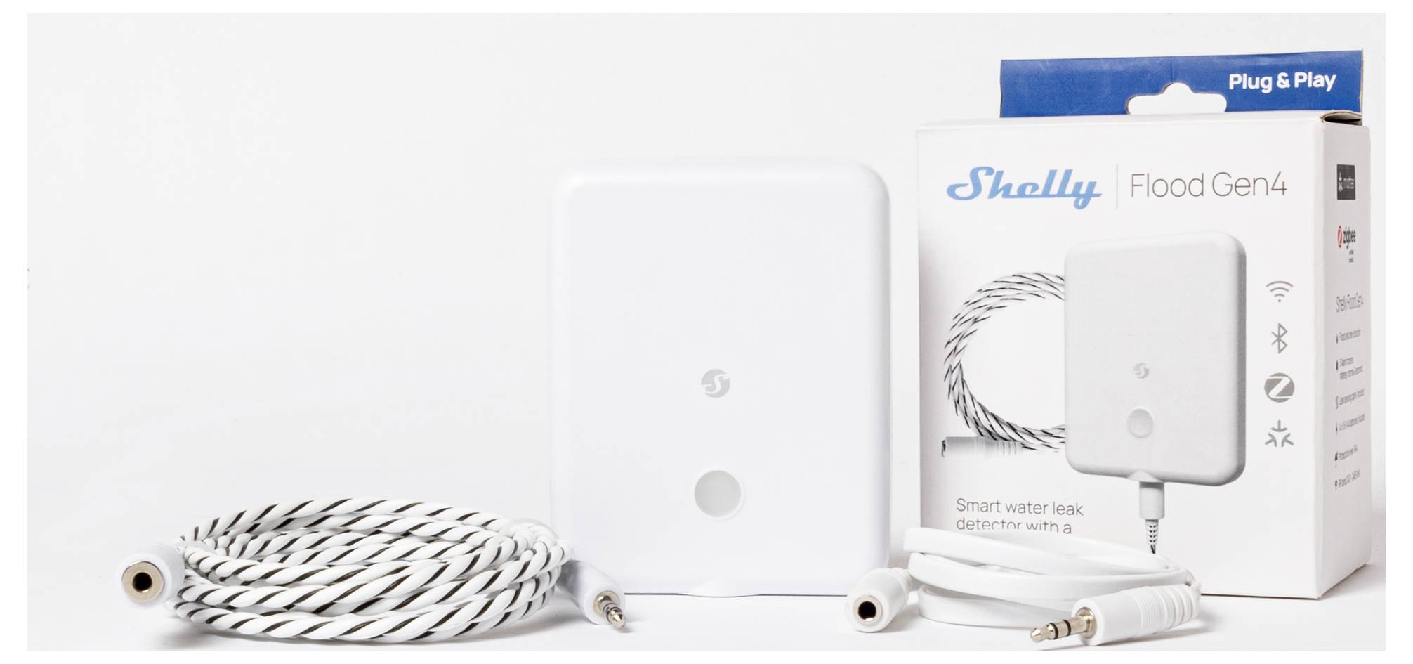 Intelligenter Wasserlecksensor 'Shelly Flood Gen4', dargestellt mit Kabeln und Verpackung. Funktionen umfassen 'Plug & Play' und drahtlose Konnektivität.