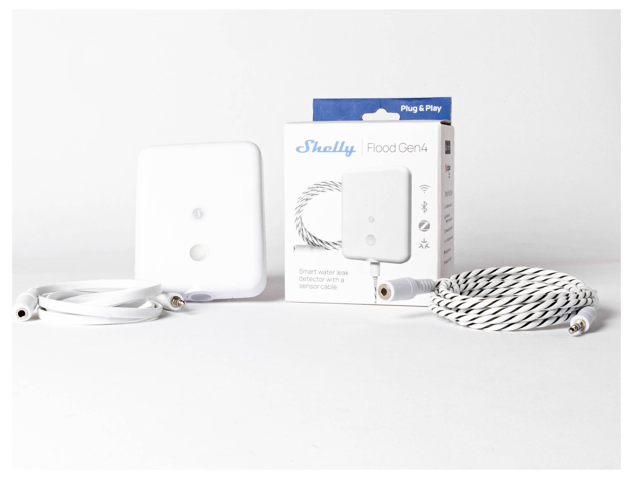 Intelligenter Wasserlecksensor mit Sensorkabel.' Gerät, Kabel und Verpackung abgebildet.