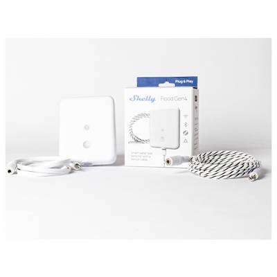 Intelligenter Wasserlecksensor mit Sensorkabel.' Gerät, Kabel und Verpackung abgebildet.