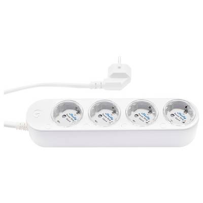 Ein weißer Mehrfachstecker mit vier geerdeten Steckdosen, die jeweils mit 'SafeLine' beschriftet sind, und ein weißes Netzkabel mit Winkelstecker.