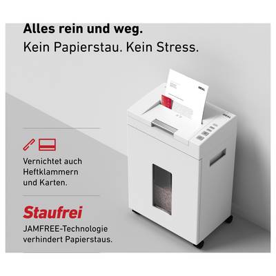 Ein Aktenvernichter zerstört Papierdokumente. Text: 'Alles rein und weg. Kein Papierstau. Kein Stress.' Staufrei durch JAMFREE-Technologie.