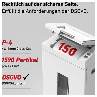 Elektrischer Aktenvernichter mit dem Text 'Rechtlich auf der sicheren Seite' und 'DSGVO-konform', roter Zähler zeigt '150'.