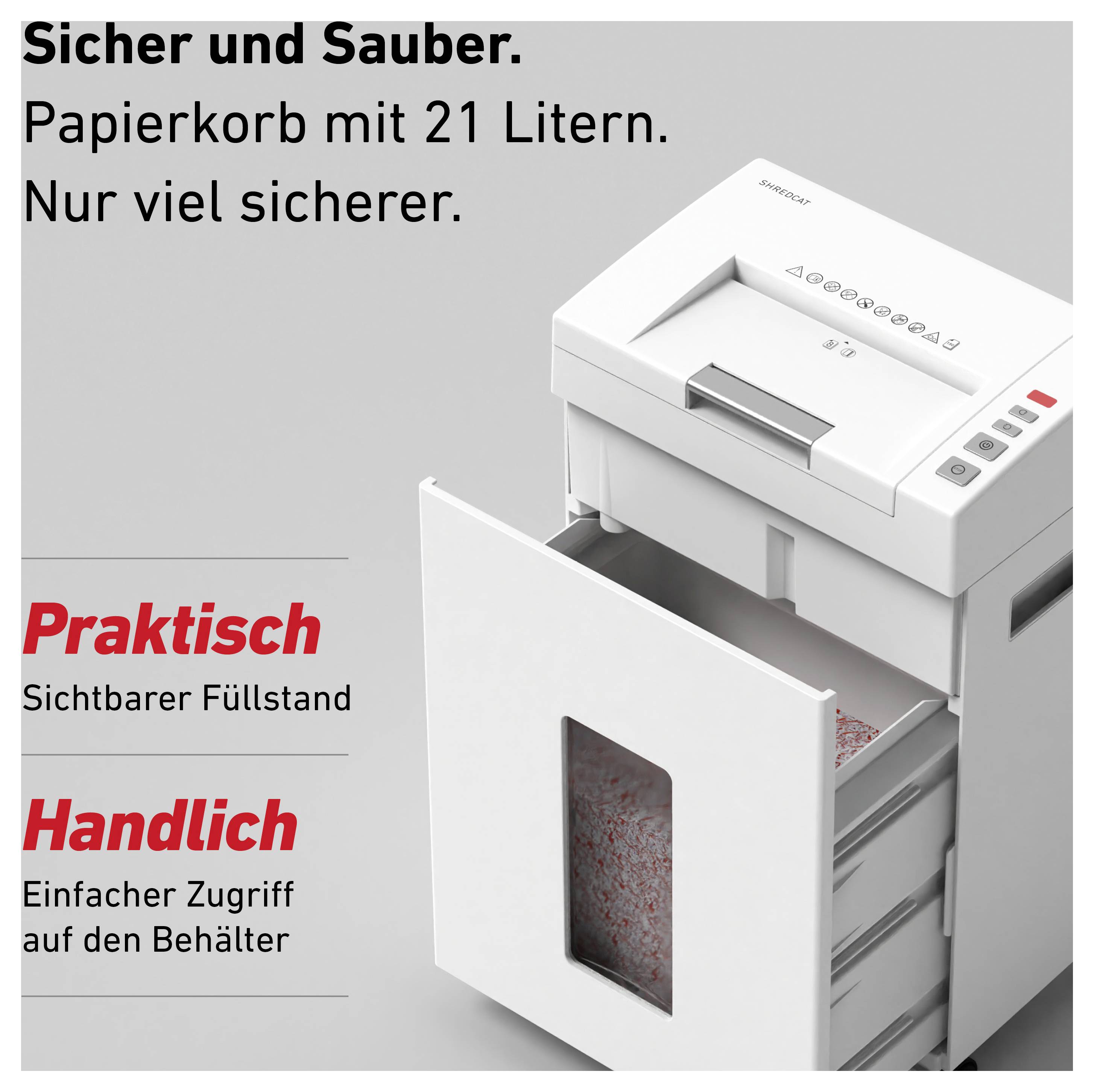 'Aktenvernichter mit 21-Liter-Papierkorb, praktischer Füllstandsanzeige und einfachem Zugriff auf den Behälter. Text: Sicher und Sauber.'