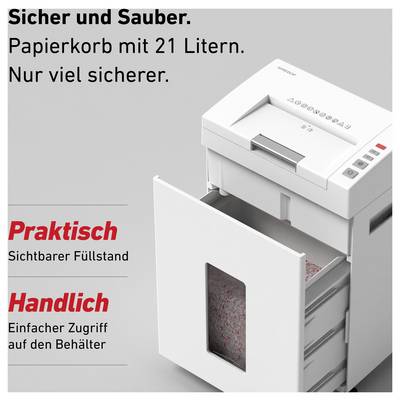'Aktenvernichter mit 21-Liter-Papierkorb, praktischer Füllstandsanzeige und einfachem Zugriff auf den Behälter. Text: Sicher und Sauber.'
