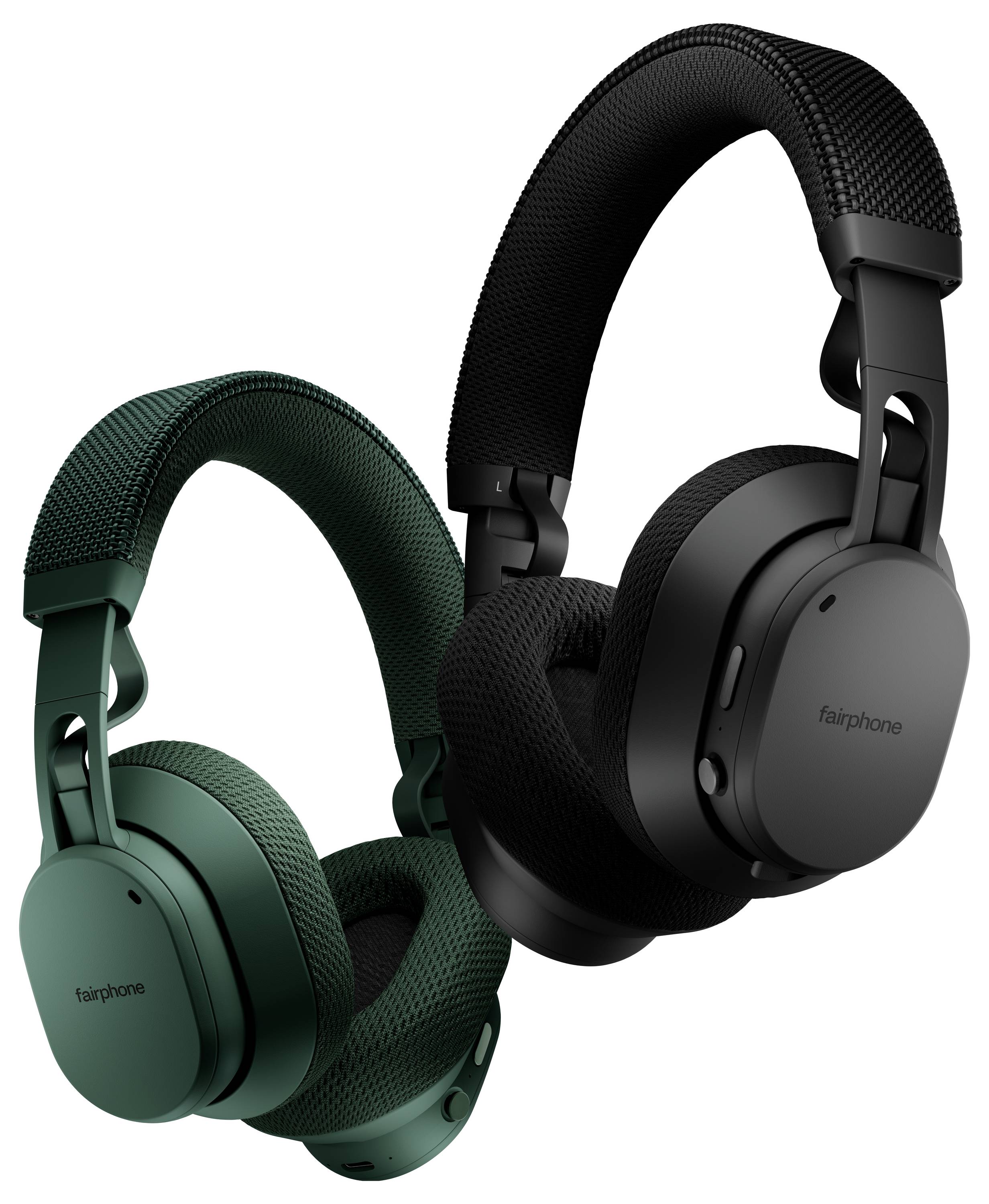 Zwei Paare Over-Ear-Kopfhörer von Fairphone, eines in Grün und eines in Schwarz, die ihr Design und ihre drahtlosen Funktionen präsentieren.