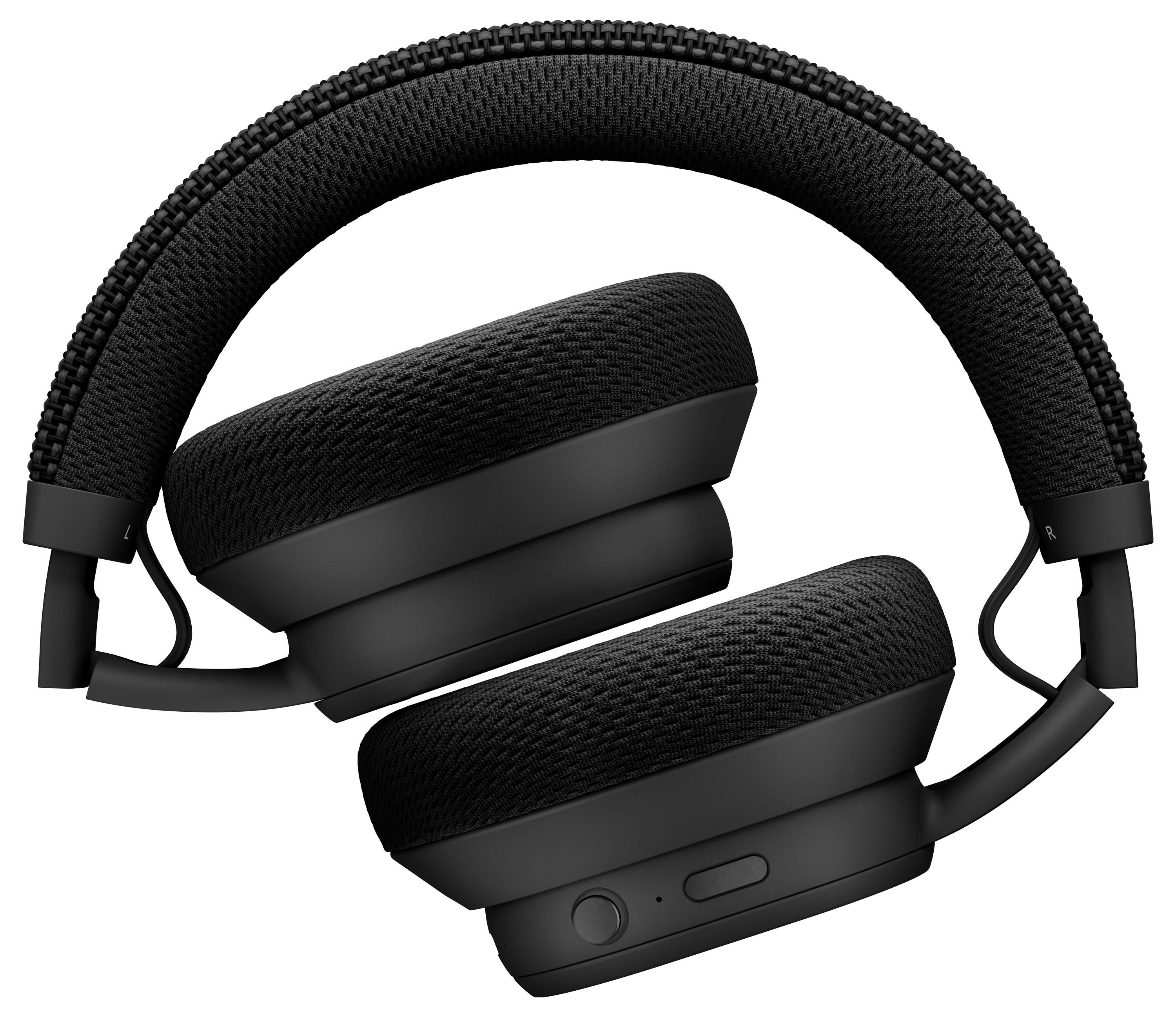 Schwarze Over-Ear-Kopfhörer mit gepolsterten Ohrmuscheln und verstellbarem Kopfbügel, zusammengeklappt und von oben betrachtet.