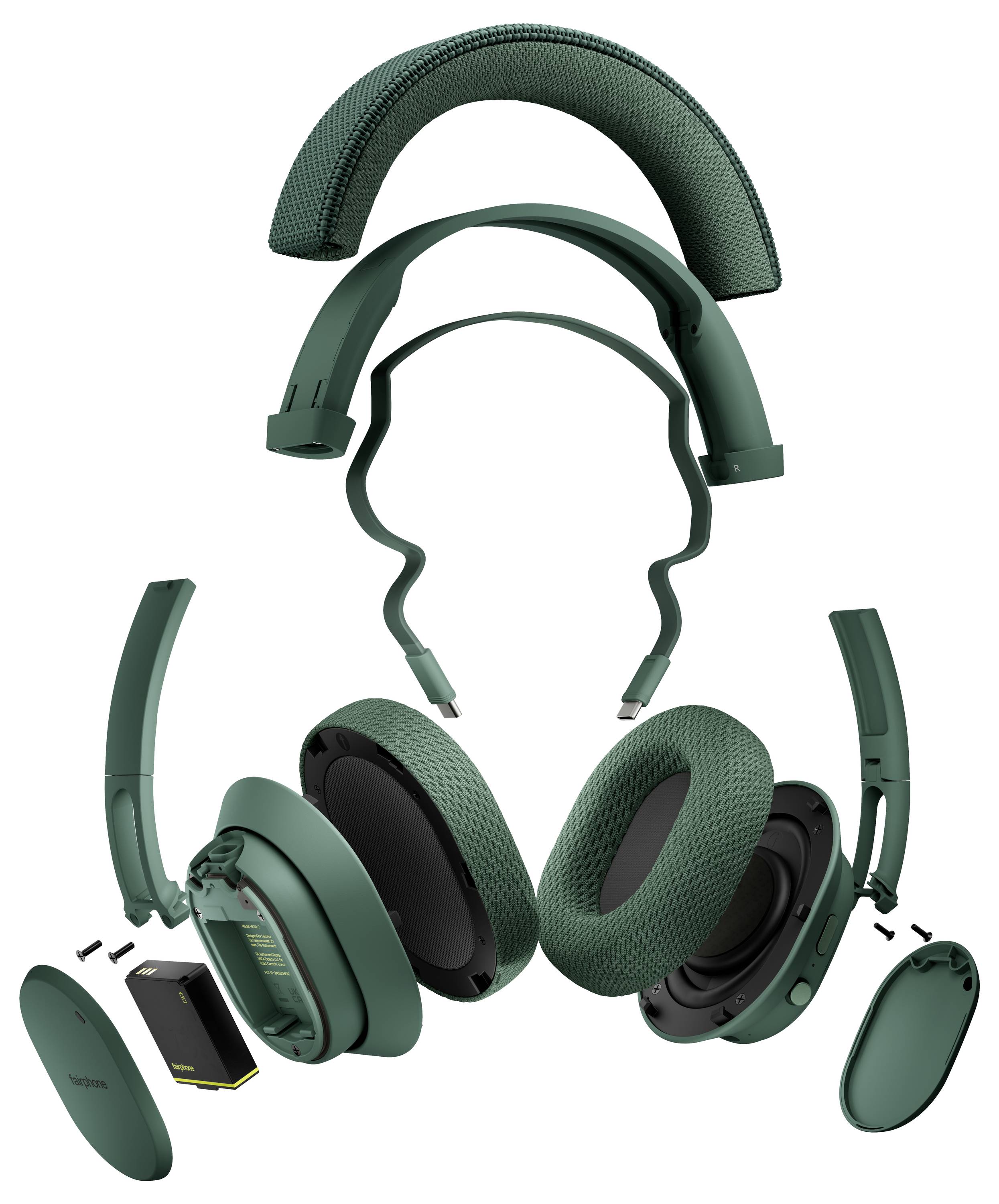 Explosionszeichnung von grünen drahtlosen Kopfhörern mit Komponenten: Kopfbügel, Ohrmuscheln, Lautsprecher und Batteriefach.