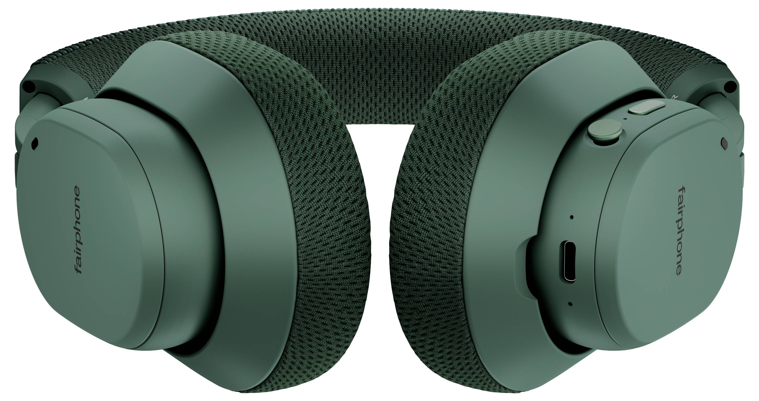 Grüne kabellose Over-Ear-Kopfhörer mit integrierten Bedienungselementen und einem USB-C-Ladeanschluss auf der rechten Ohrmuschel.