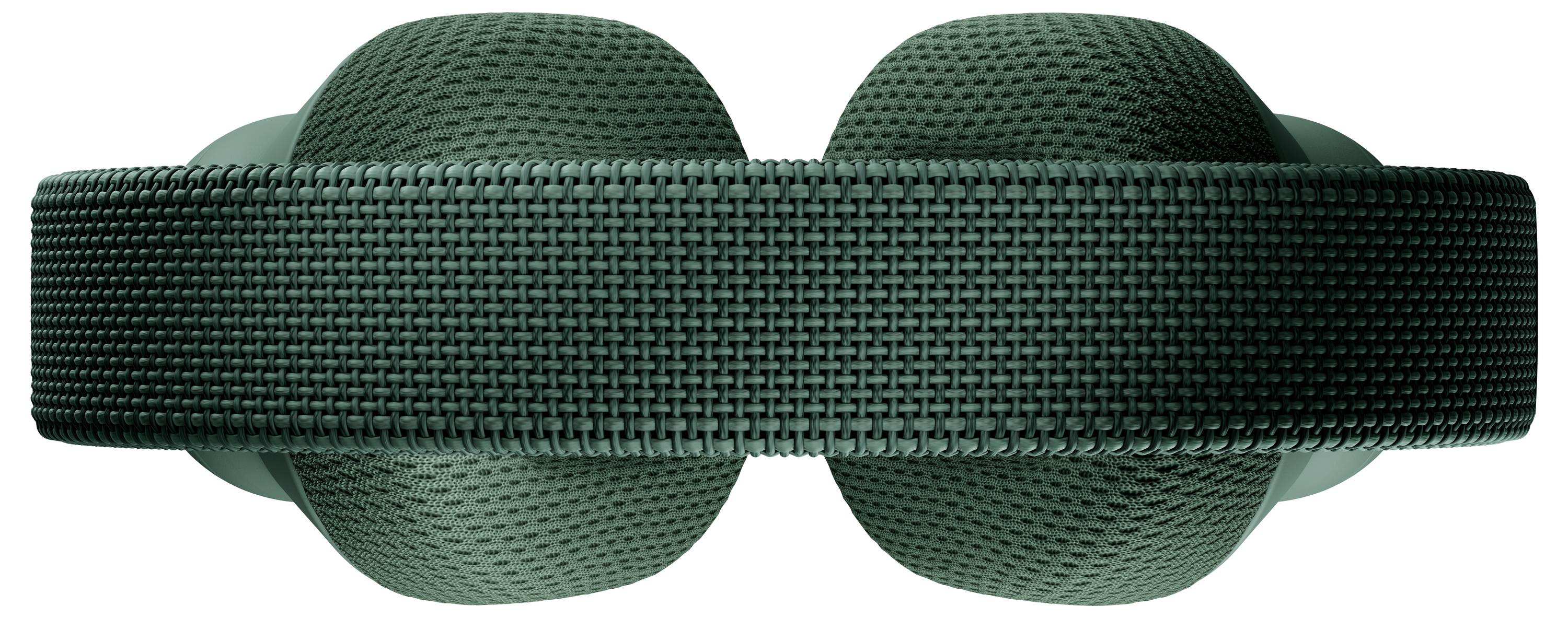 Ein Paar grüne kabellose Over-Ear-Kopfhörer mit einer strukturierten Kopfbügel, von oben betrachtet.