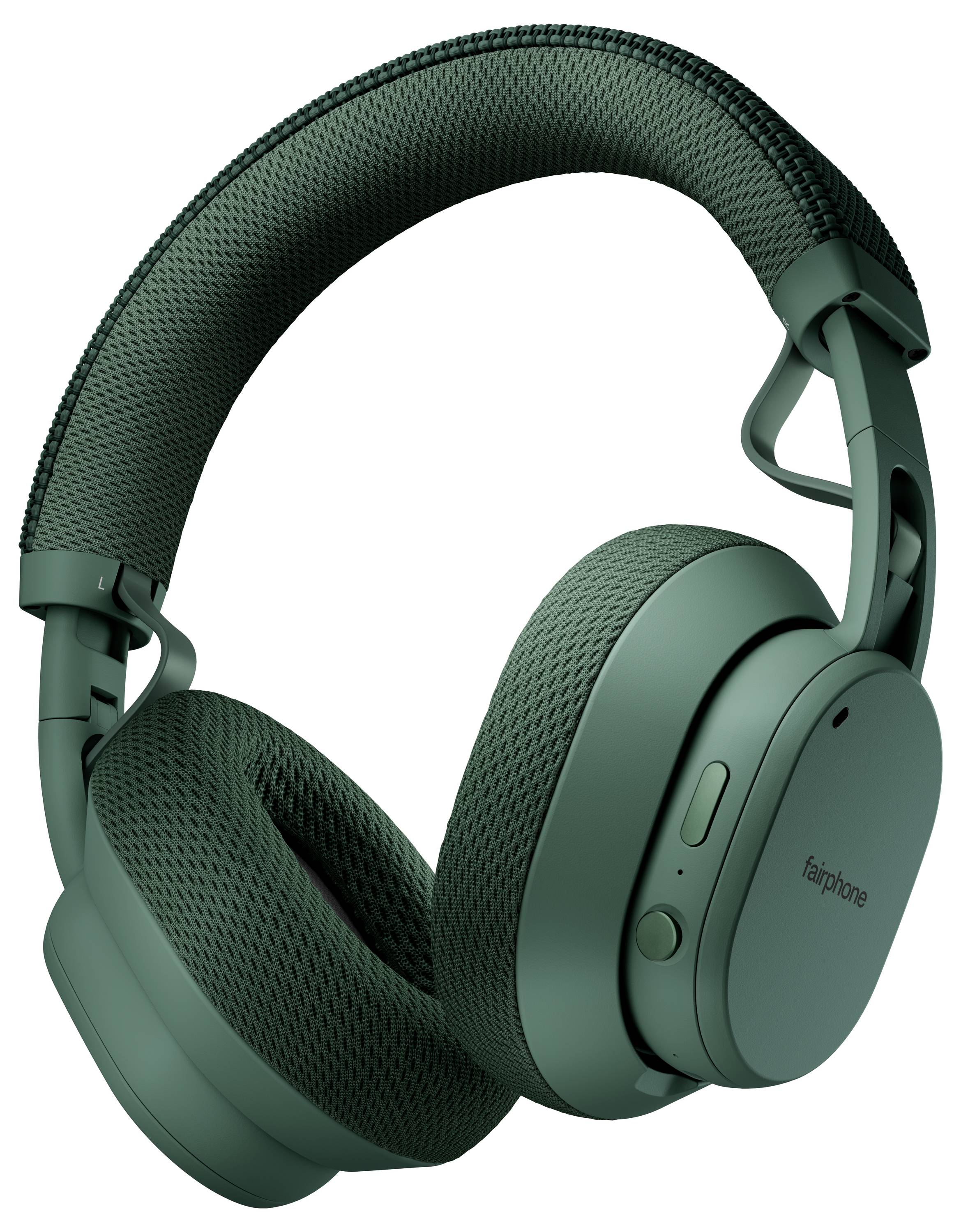 Ein Paar Over-Ear-Kopfhörer in Grün mit gepolsterten Ohrmuscheln und Kopfbügel, die einfache Bedienelemente an der Seite aufweisen und leicht gewinkelt präsentiert werden, um das Design zu betonen.