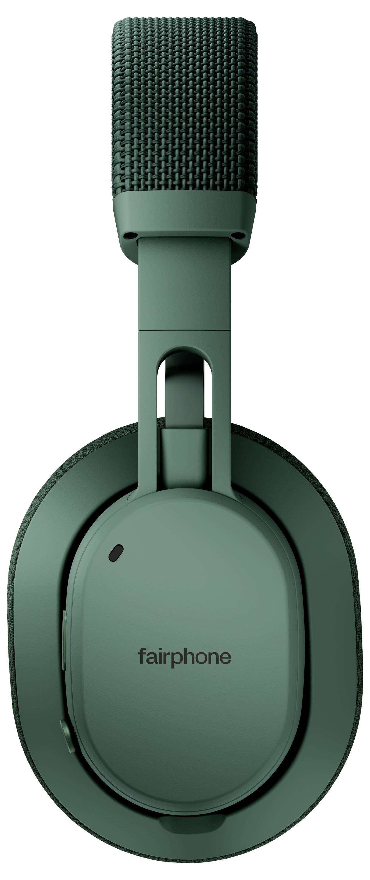 Grüne Fairphone-Kopfhörer mit Over-Ear-Design, ausgestattet mit einem strukturierten Kopfbügel und eleganten Ohrmuscheln, die das Fairphone-Logo tragen.