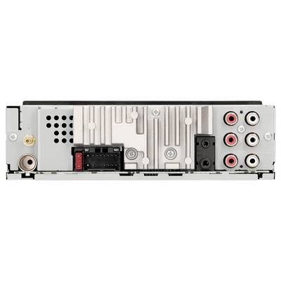 Das Bild zeigt die Rückansicht eines Autoradios mit verschiedenen Anschlüssen und Steckverbindern, darunter RCA-Ausgänge für Audio- und Stromverbindungen.