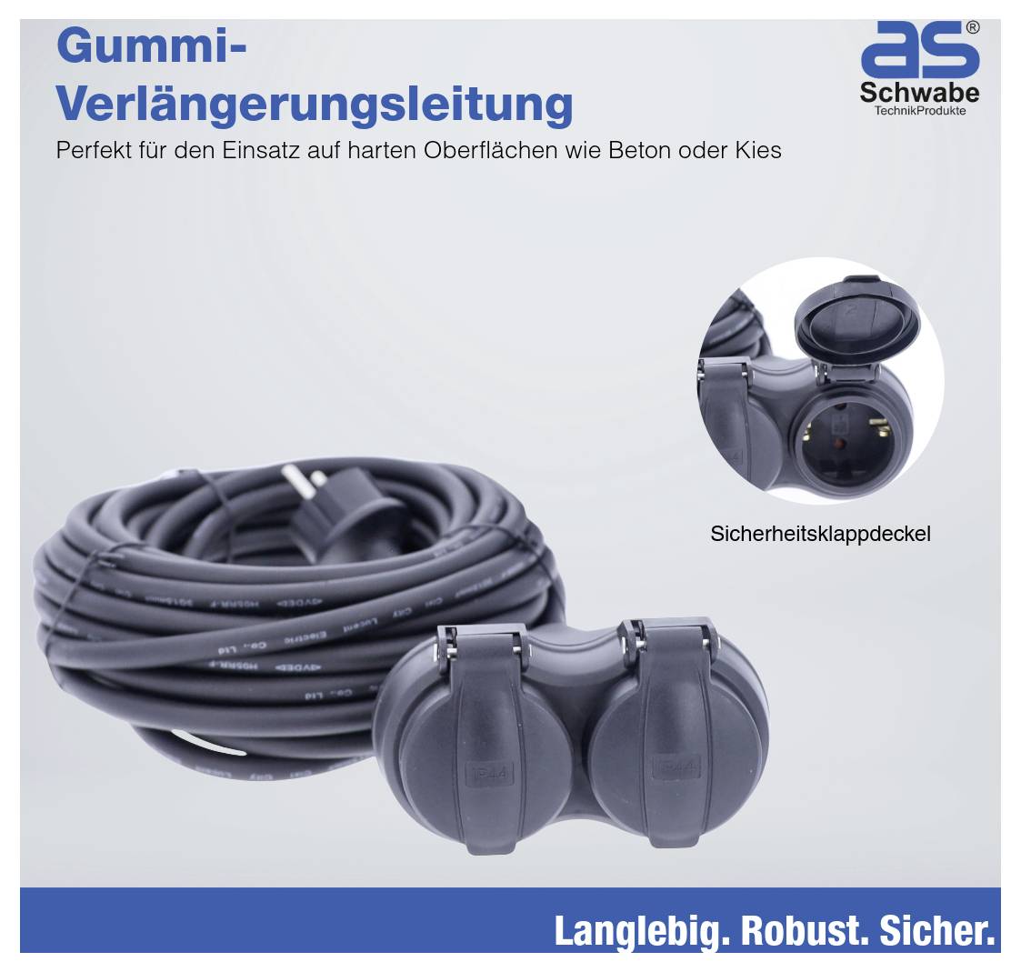 "Gummi-Verlängerungsleitung"-Bild zeigt eine gewickelte Gummiverlängerungsleitung mit Sicherheitsabdeckungen, geeignet für harte Oberflächen wie Beton oder Kies. Slogan "Langlebig. Robust. Sicher." wird präsentiert.