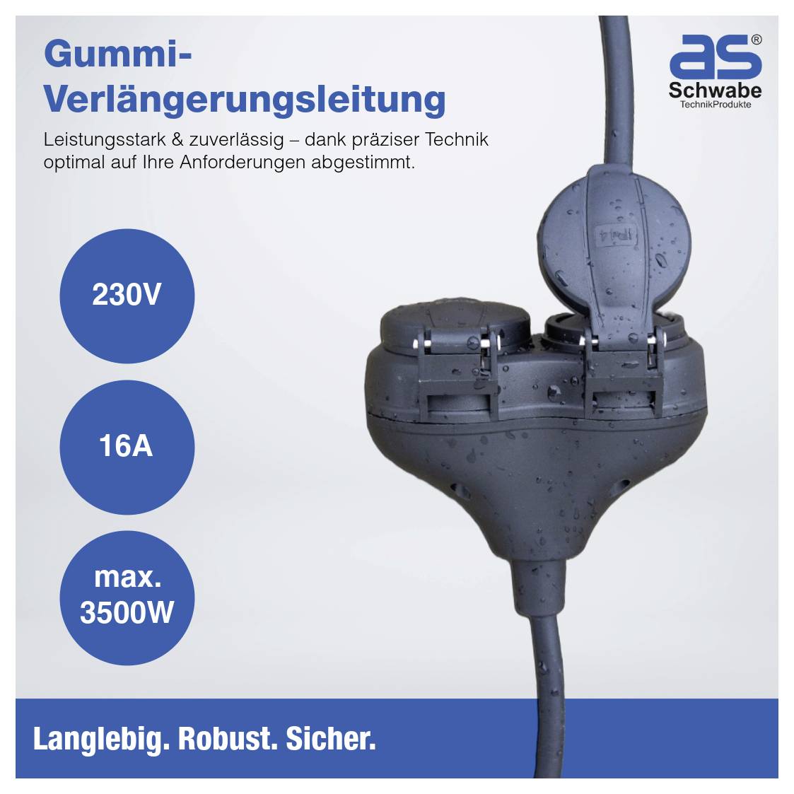 Gummiverlängerungskabel mit 230V, 16A, max 3500W. Highlights: 'Leistungsstark & zuverlässig', 'Langlebig. Robust. Sicher.'