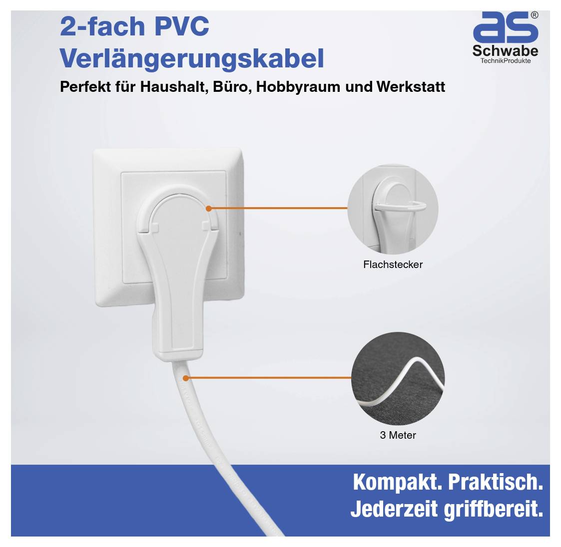 2-fach PVC-Verlängerungskabel mit Illustration einer flachen Steckdose und 3 Meter Kabel, geeignet für Haushalt, Büro und Werkstatt.