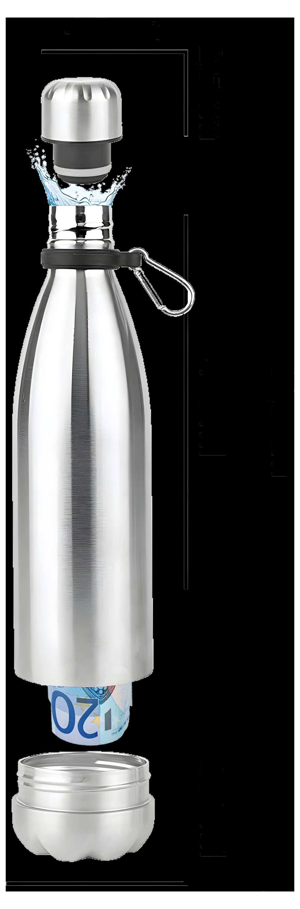 Ein geteiltes Bild einer Edelstahl-Wasserflasche: Der obere Abschnitt zeigt den Deckel mit einem Wasserspritzer; der untere Abschnitt enthüllt eine zusammengerollte Geldnote im Inneren.