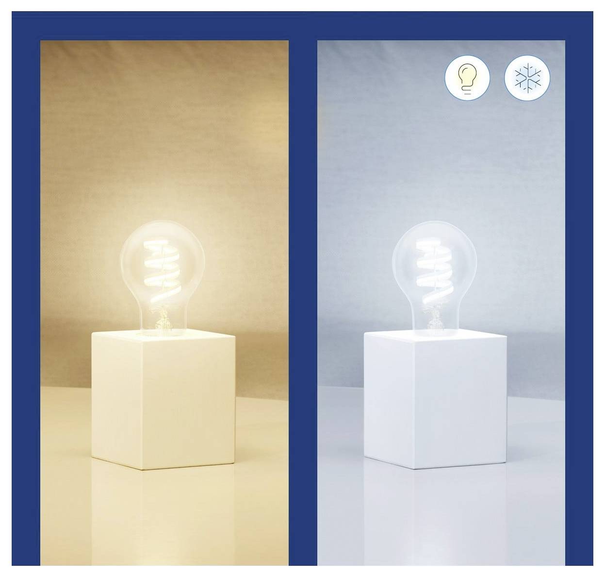 Eine beleuchtete Glühbirne, die zwei Beleuchtungsbedingungen zeigt: warmes Gelb auf der linken Seite und kühles Weiß auf der rechten Seite, mit entsprechenden Symbolen darüber.