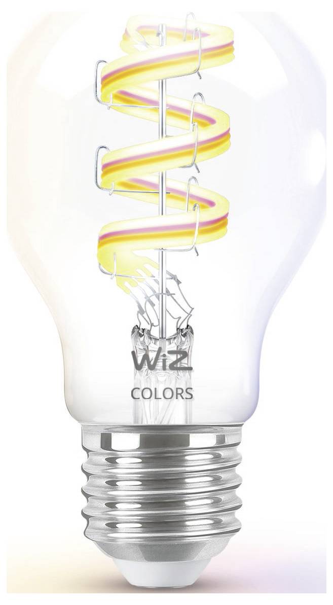 Eine Glühbirne mit einer farbenfrohen Spiralwendel und einer Metallfassung, auf deren Glas der Text "WiZ Colors" zu sehen ist.
