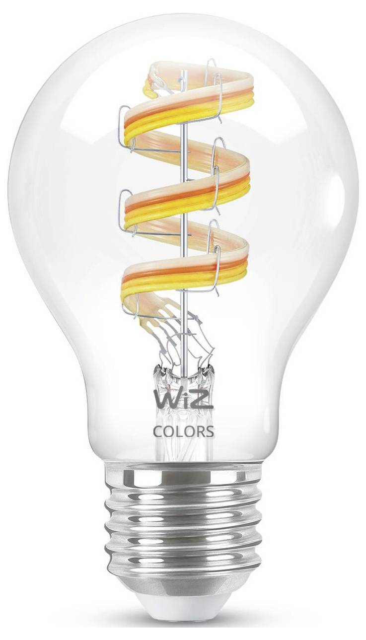 Eine Glühbirne mit sichtbarem, gewundenem Glühfaden, die ein warmes Licht ausstrahlt. Die Birne ist mit 'WiZ COLORS' beschriftet.