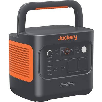 Eine mobile Powerstation mit einem orange-schwarzen Design, ausgestattet mit mehreren Anschlüssen, einem Displaybildschirm und dem Markennamen 'Jackery' auf der Oberseite.