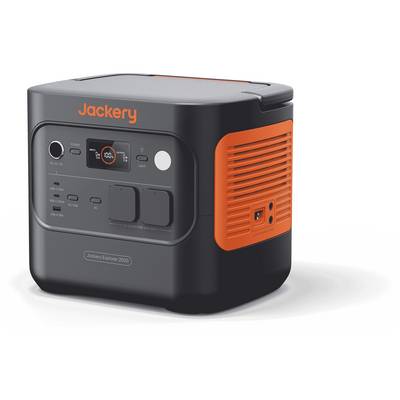 Tragbare Powerstation mit digitaler Anzeige und mehreren Ausgängen. Markenlogo 'Jackery' an der Oberseite. Kompaktes Design mit orangefarbenen Akzenten.
