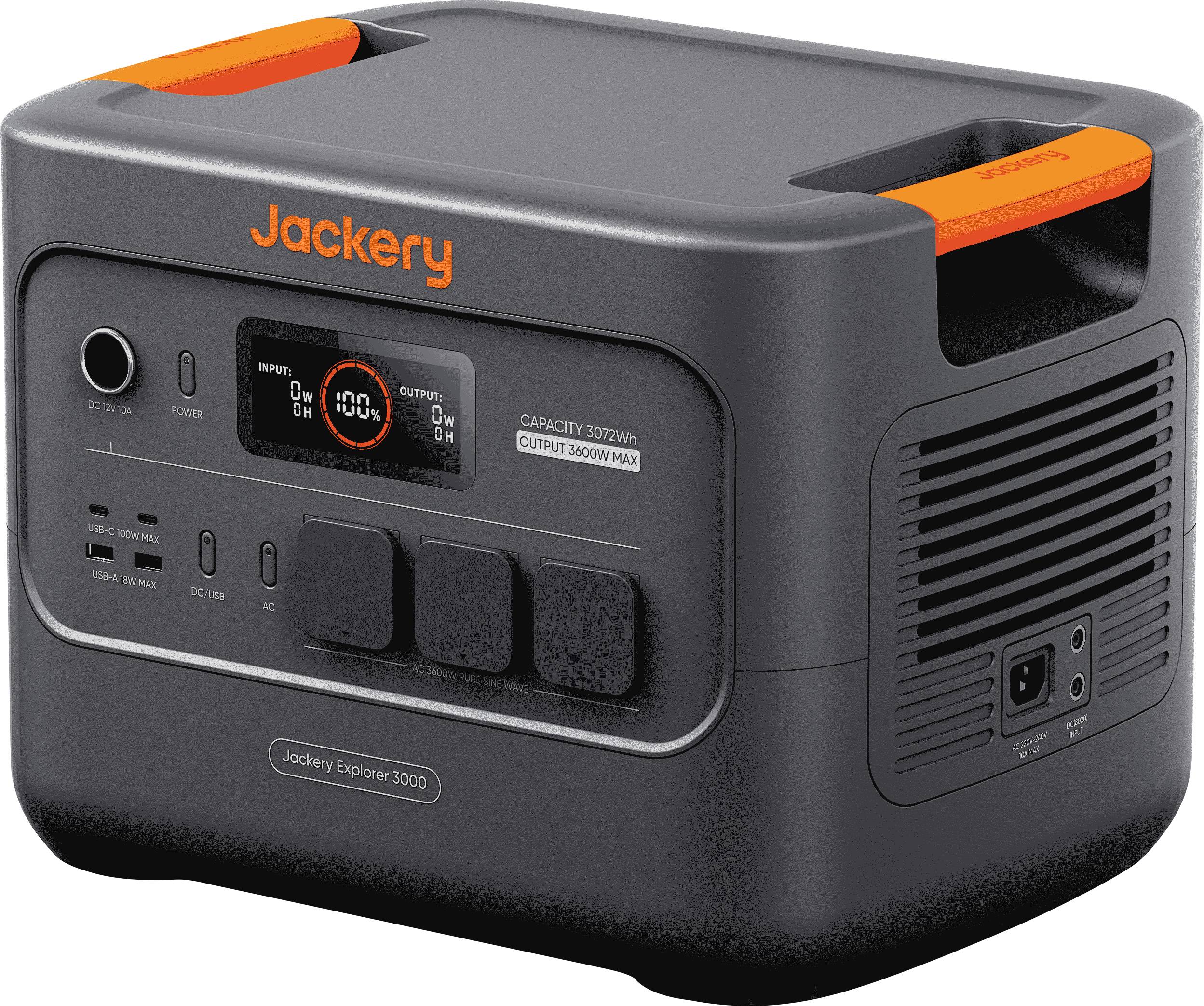 Eine mobile Powerstation der Marke 'Jackery Explorer 3000' mit verschiedenen Eingangs- und Ausgangsbuchsen und einem digitalen Display, das den Batterieladezustand in Prozent anzeigt.