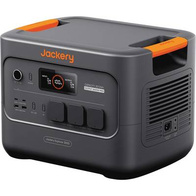 Eine mobile Powerstation der Marke 'Jackery Explorer 3000' mit verschiedenen Eingangs- und Ausgangsbuchsen und einem digitalen Display, das den Batterieladezustand in Prozent anzeigt.