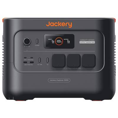 Tragbare Powerstation mit Eingabe-/Ausgabeanzeige und einer Kapazität von 3024Wh und einer maximalen Leistung von 3600W; mit der Bezeichnung 'Jackery Explorer 3000' beschriftet.