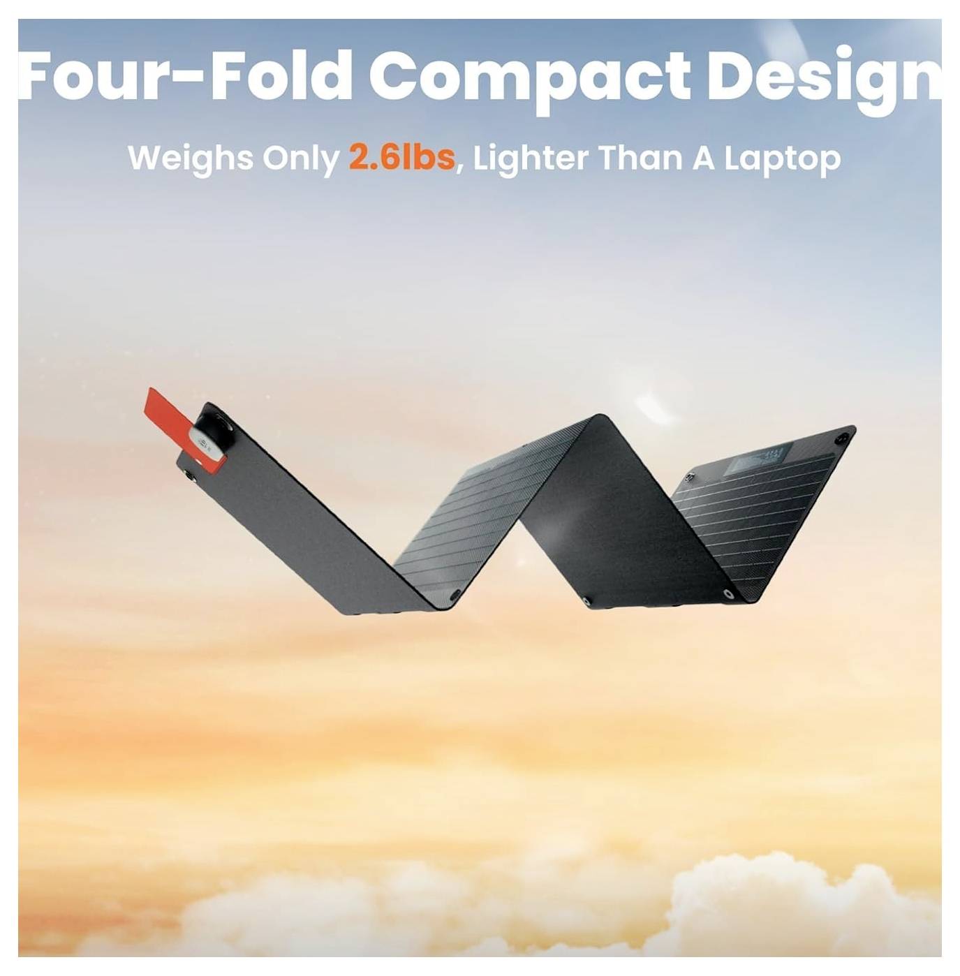 "Four-Fold Kompakt-Design" zeigt ein faltbares, leichtes Gerät, "Wiegt nur 2,6 Pfund, Leichter als ein Laptop", vor einem Himmelhintergrund.