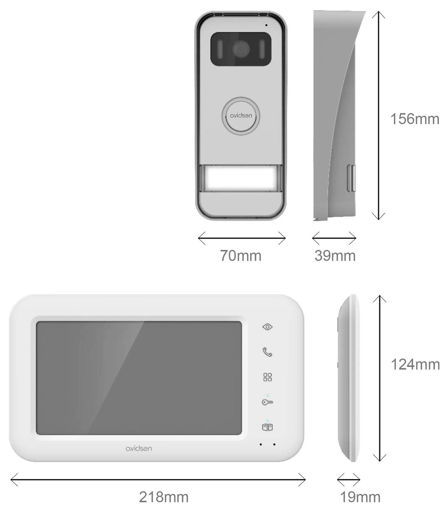 Video-Türsprechanlage mit Kamera und Lautsprecher Abmessungen: 70 mm (Breite) x 156 mm (Höhe) x 39 mm (Tiefe). Monitor: 218 mm x 124 mm.