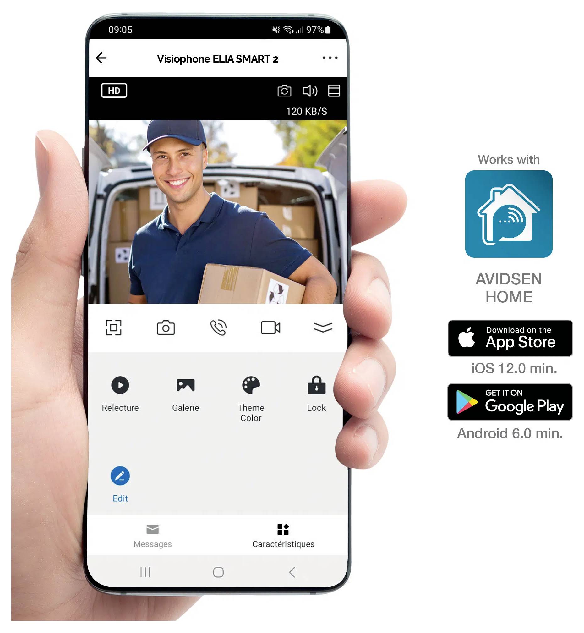 Ein Smartphone, das ein Video von einem Lieferanten mit Paketen zeigt. Der Text deutet auf die Kompatibilität mit Avidsen Home und die Verfügbarkeit im App Store hin.