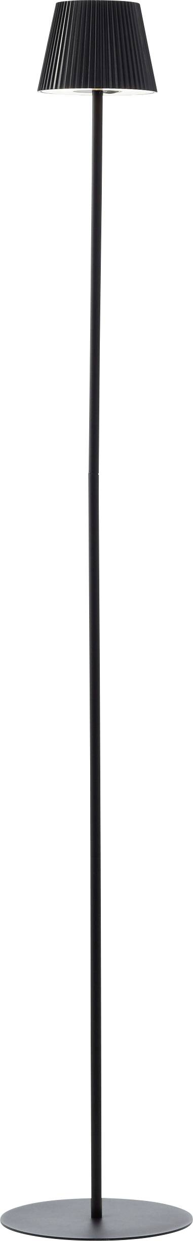 Eine hohe, schlanke, schwarze Stehlampe mit einem konischen Lampenschirm und rundem Fuß.