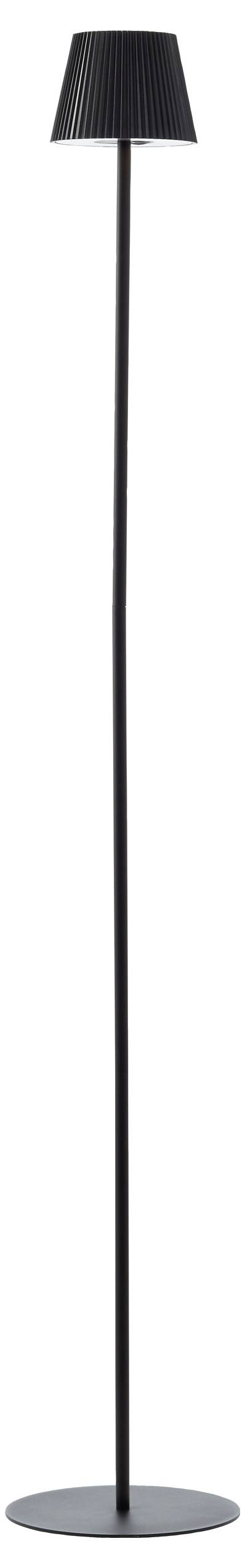 Eine hohe, schlanke, schwarze Stehlampe mit rundem Fuß und einem konischen Lampenschirm an der Spitze, die ein gedämpftes Ambiente schafft.