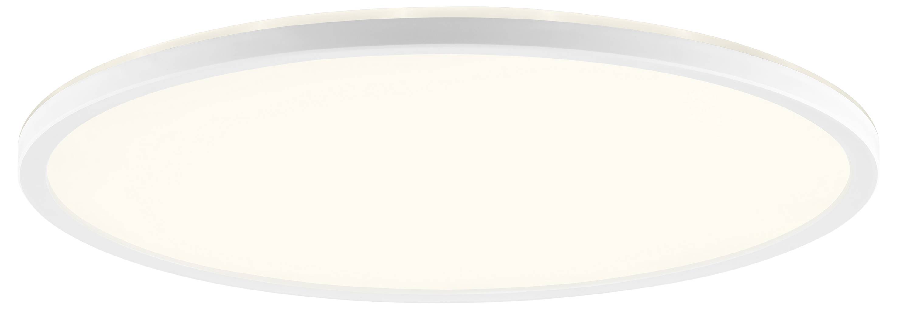 Eine kreisförmige LED-Deckenleuchte mit weißem Rahmen, die ein weiches, gleichmäßiges Licht ausstrahlt und für den Innenbereich konzipiert ist.