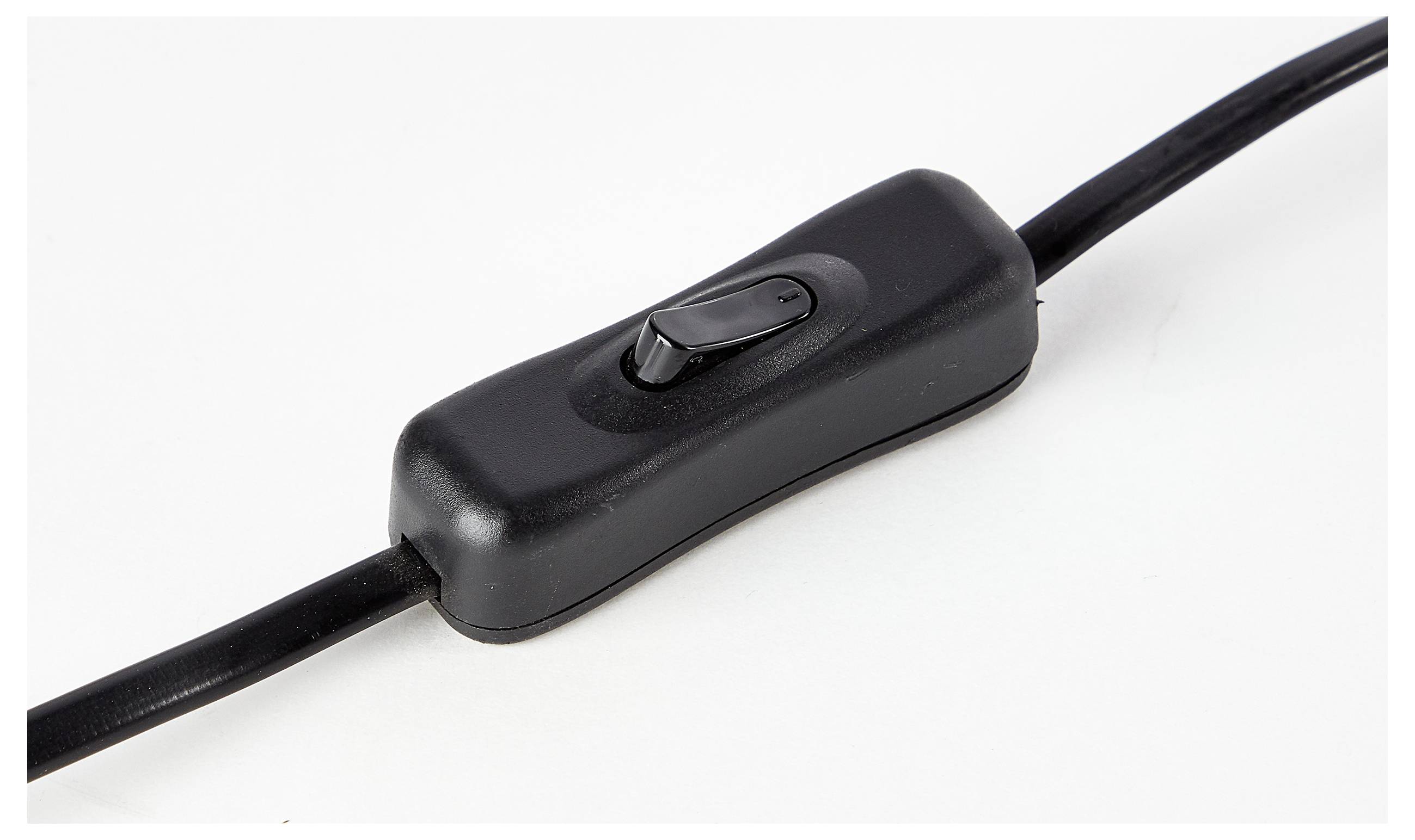 Ein schwarzer Inline-Schalter an einem elektrischen Kabel liegt auf einer weißen Oberfläche und zeigt sein kompaktes Design mit zentralem Umschalter.