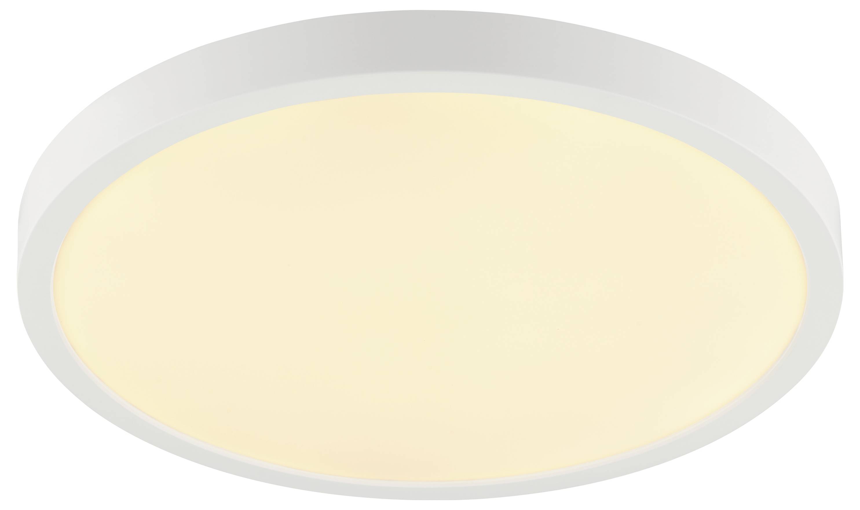 Runde Deckenleuchte mit einem eleganten weißen Rand und einem sanften, diffusen Schein, konzipiert für subtile Ambiente-Beleuchtung.