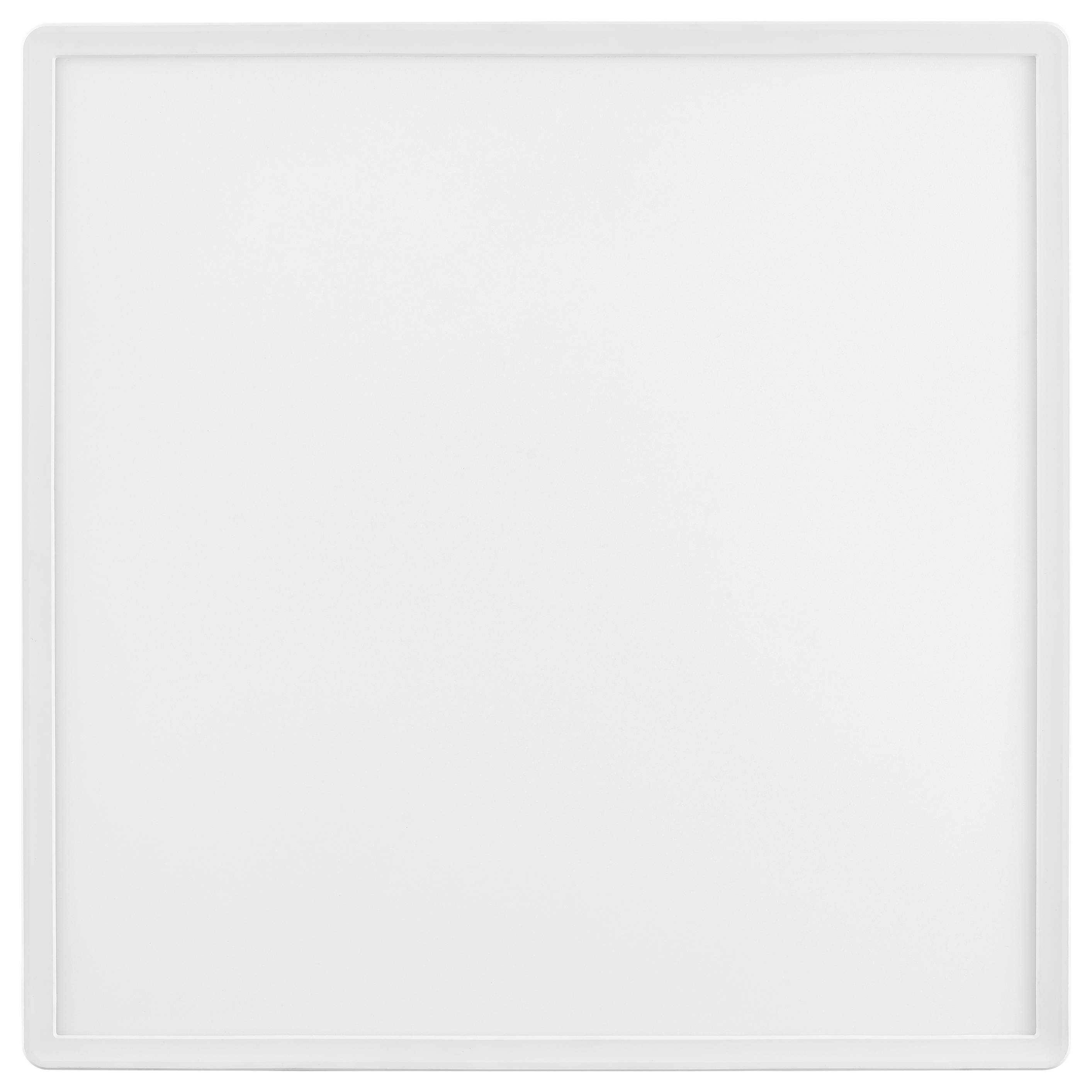 Quadratische LED-Deckenleuchte mit minimalistischem Design, ausgestattet mit einem weißen Rahmen und einer lichtdiffundierenden Oberfläche.