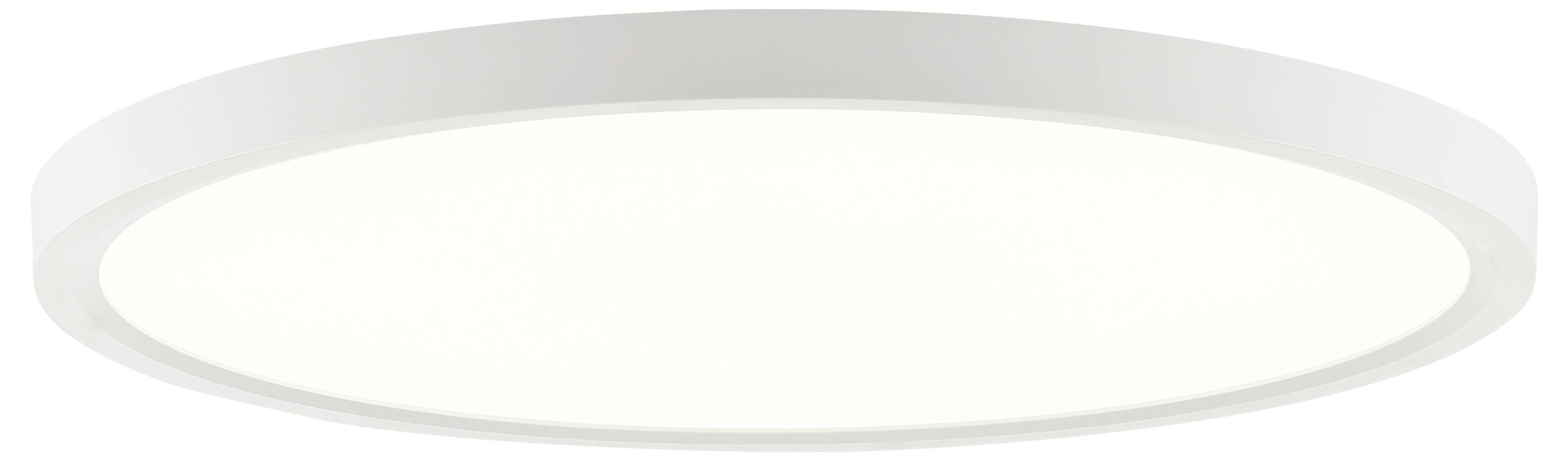 Eine weiße, runde LED-Deckenleuchte mit dünnem Rahmen, die ein weiches, gleichmäßiges Licht ausstrahlt und an der Decke montiert ist.