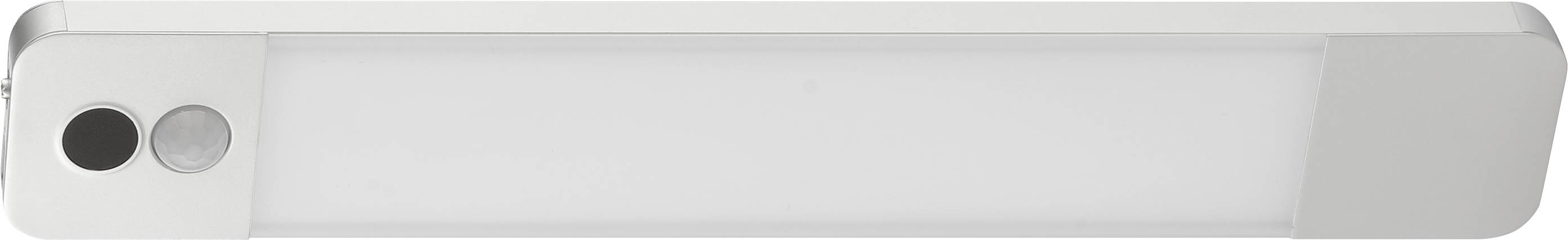 Eine schlanke, rechteckige LED-Leuchte mit einem metallfarbenen Rahmen und zwei kreisrunden Sensoren auf der linken Seite, möglicherweise für Bewegungserkennung oder Helligkeitsanpassung.