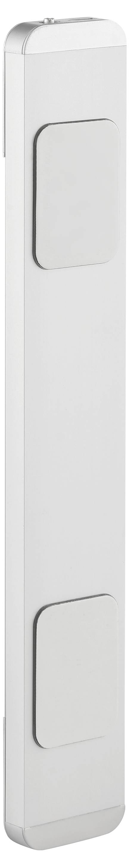 Ein schlankes, rechteckiges weißes Gerät mit zwei erhöhten Bedienfeldern, höchstwahrscheinlich eine Fernbedienung oder ein Zubehörteil für die Steuerung, von der Seite aufgenommen.