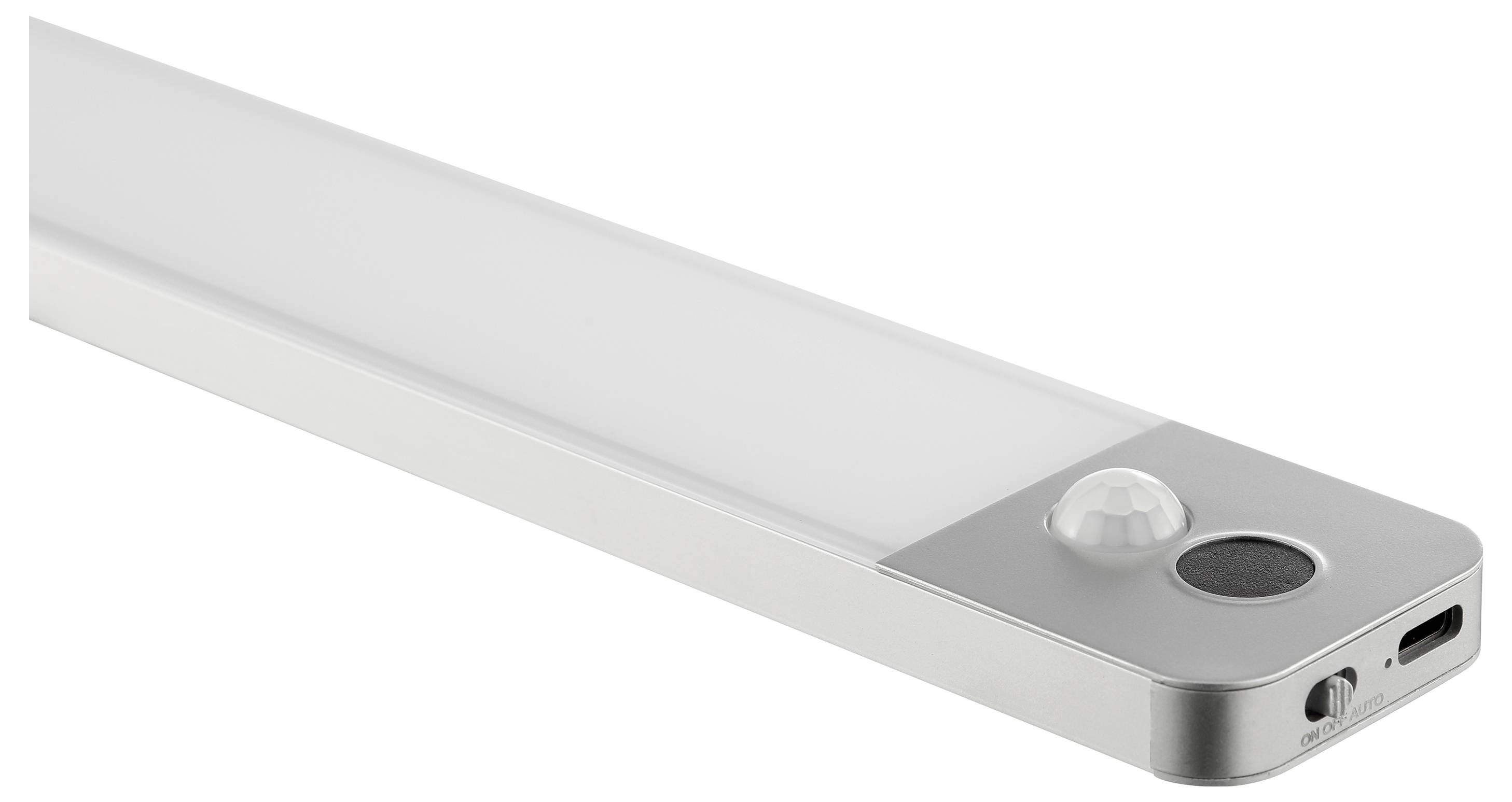 Eine schlanke, rechteckige LED-Lichtleiste mit Bewegungssensor und Einschalttaste am Ende, geeignet für Unterbaubeleuchtung.