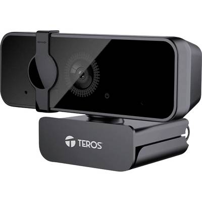 Eine schwarze Teros-Webcam mit Datenschutzabdeckung und Clip zur Befestigung an einem Monitor.