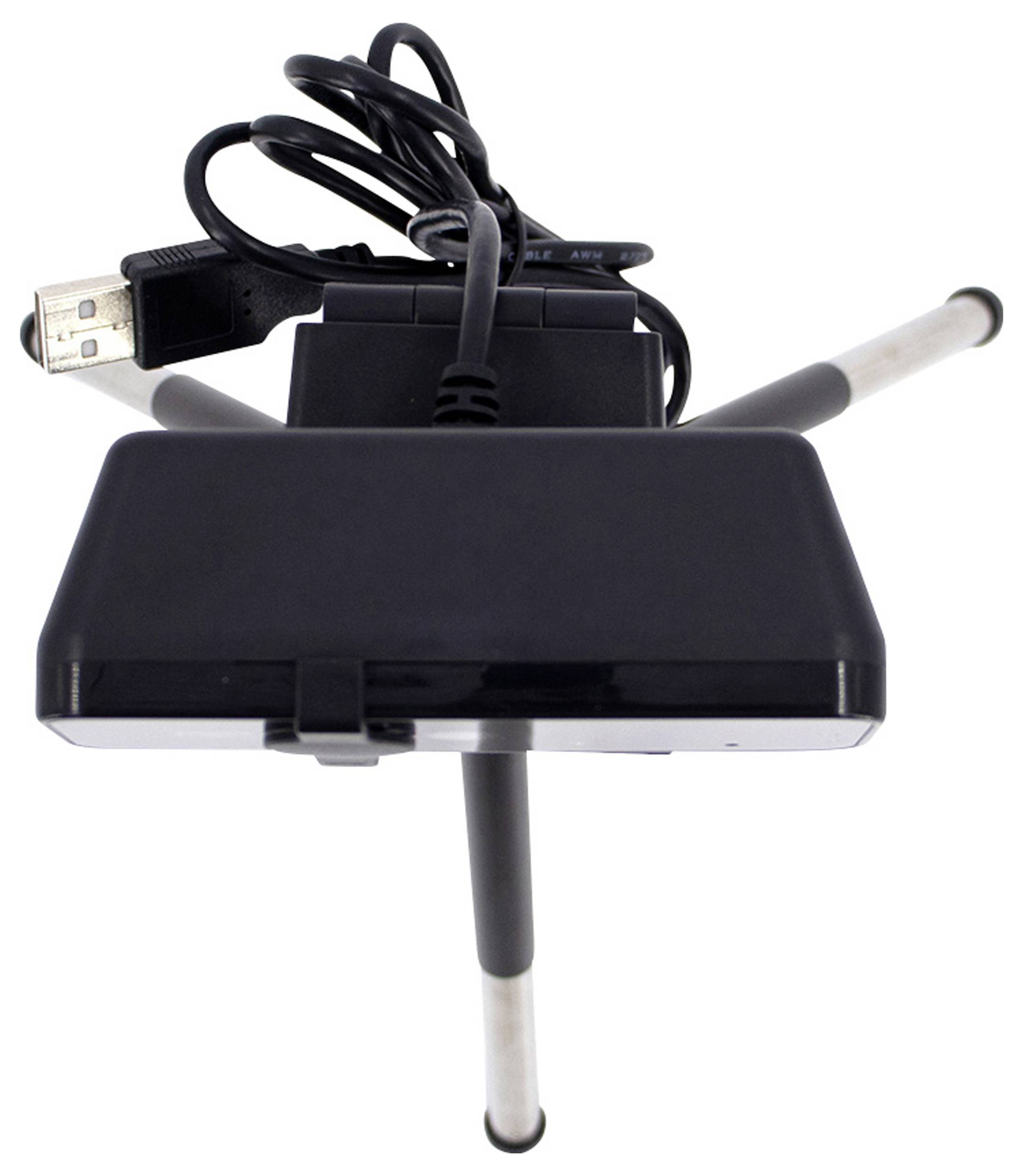 Ein USB-Wi-Fi-Adapter mit Antennen für drahtlose Konnektivität, mit einem USB-Anschluss am Ende eines schwarzen Kabels.
