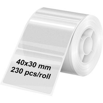 Rolle mit 40x30 mm Etiketten, 230 Stück pro Rolle, auf weißem Hintergrund dargestellt.