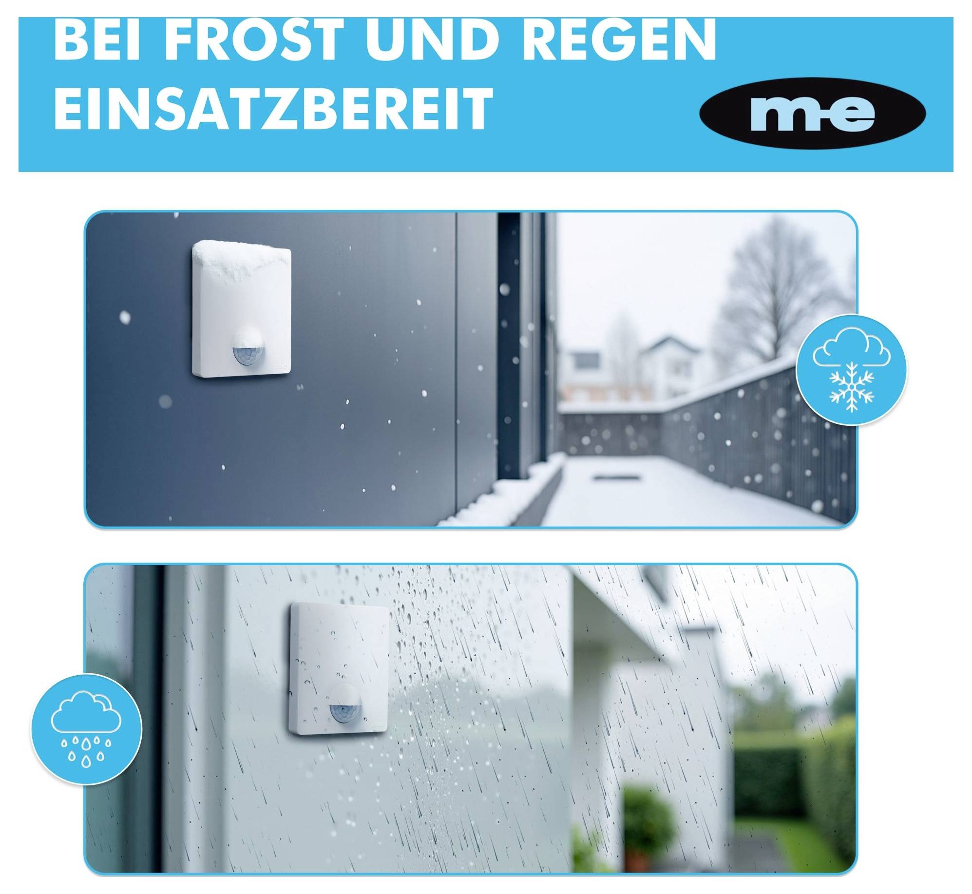 Sensor shown working in frost and rain conditions on building exterior, with icons indicating snowy and rainy weather. Text reads 'Bei Frost und Regen einsatzbereit'.