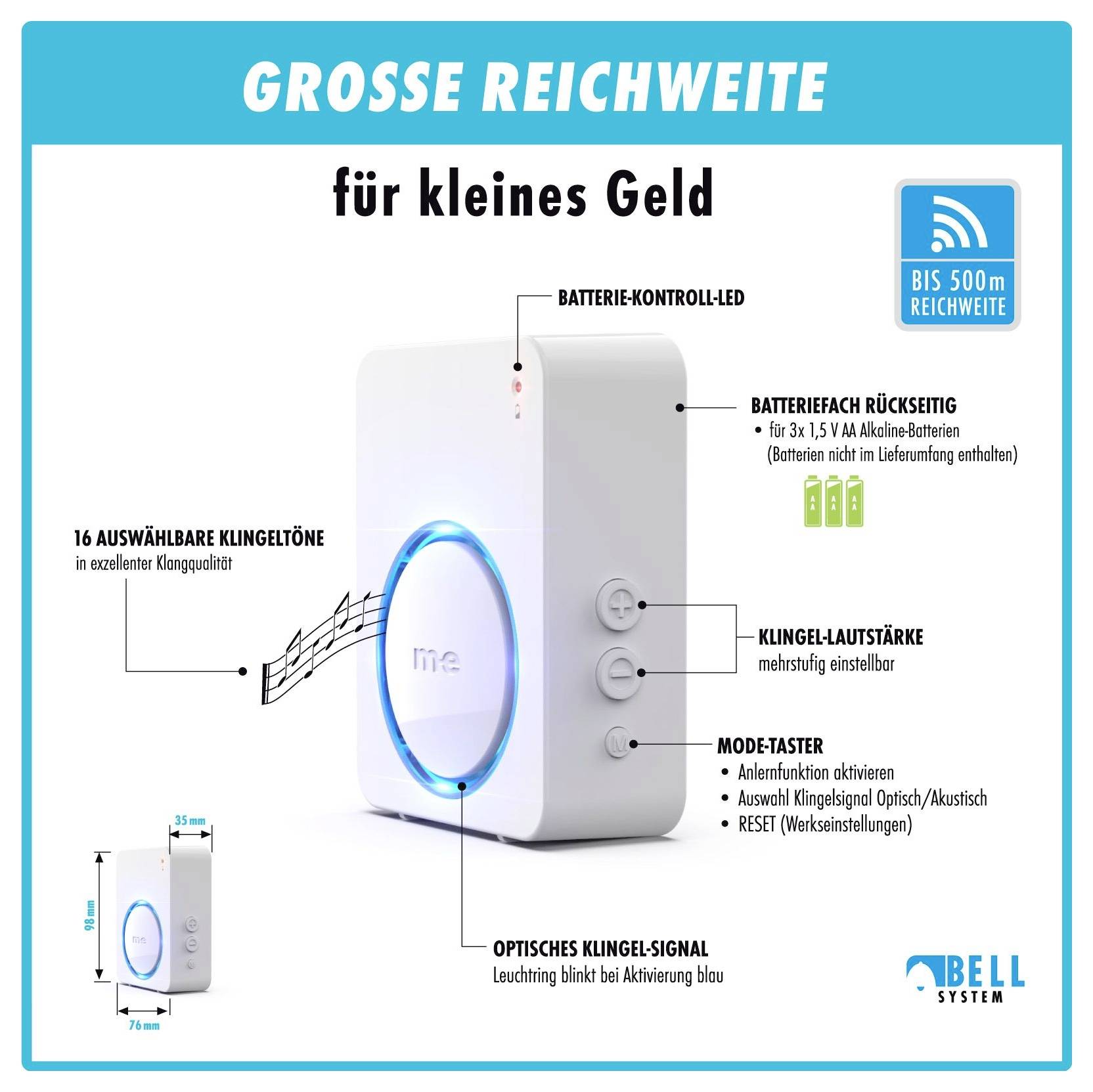 Dieser kabellose Türgong hat eine Reichweite von bis zu 500 m. Er verfügt über 16 Klingeltöne, Lautstärkeregelung und optisches Signal.