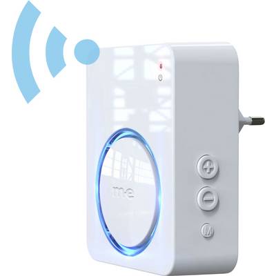 Weißes elektronisches Gerät mit 'me'-Logo, blau beleuchtetem Ring und seitlichen Tasten. Ein blaues drahtloses Signalsymbol strahlt davon aus und zeigt Konnektivität an.