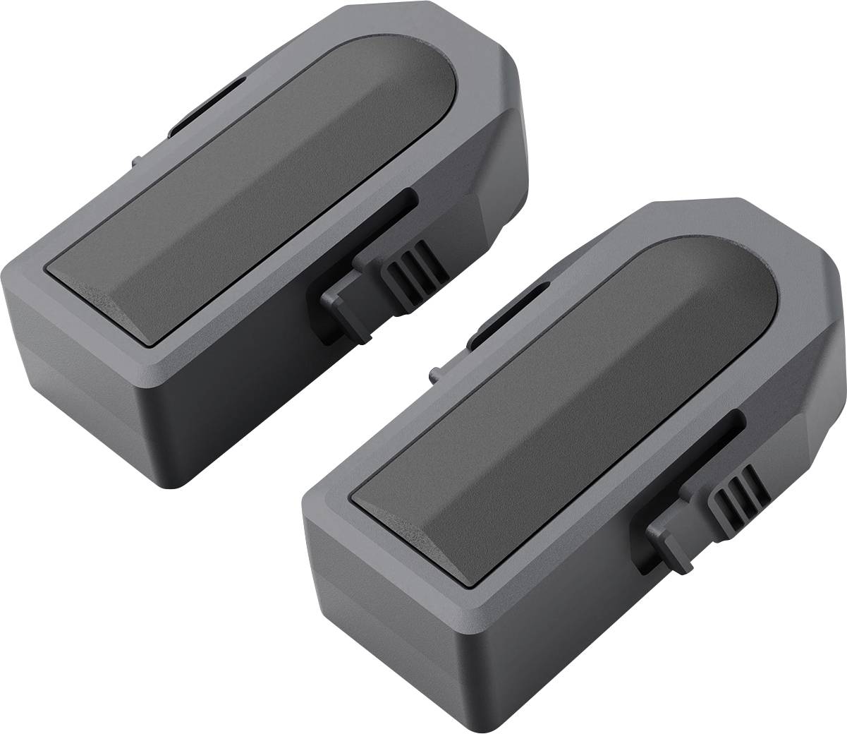 Zwei graue rechteckige elektronische Batteriepacks mit angebrachten Steckverbindern, dargestellt auf weißem Hintergrund.