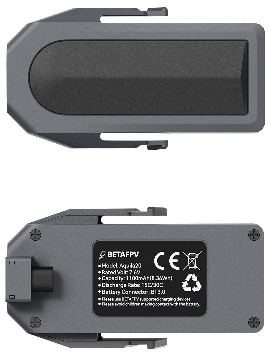 Graue BETAFPV wiederaufladbare Batterie von vorne und hinten gezeigt, mit Etikett, das das Modell AQ120, 7,6V, 1160mAh, 8,36Wh und 15C-Entladungsrate auflistet.