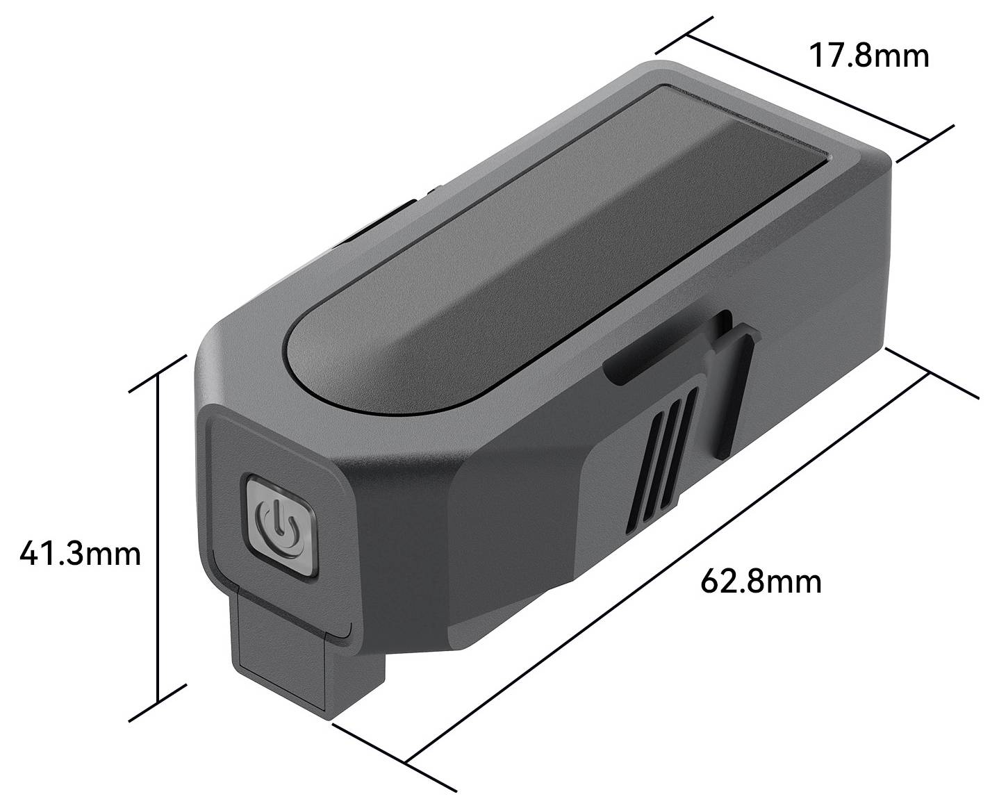 Kompaktes schwarzes elektronisches Gerät mit Ein-/Ausschalter, dargestellt in 3D mit den Abmessungen 62,8 mm x 41,3 mm x 17,8 mm.